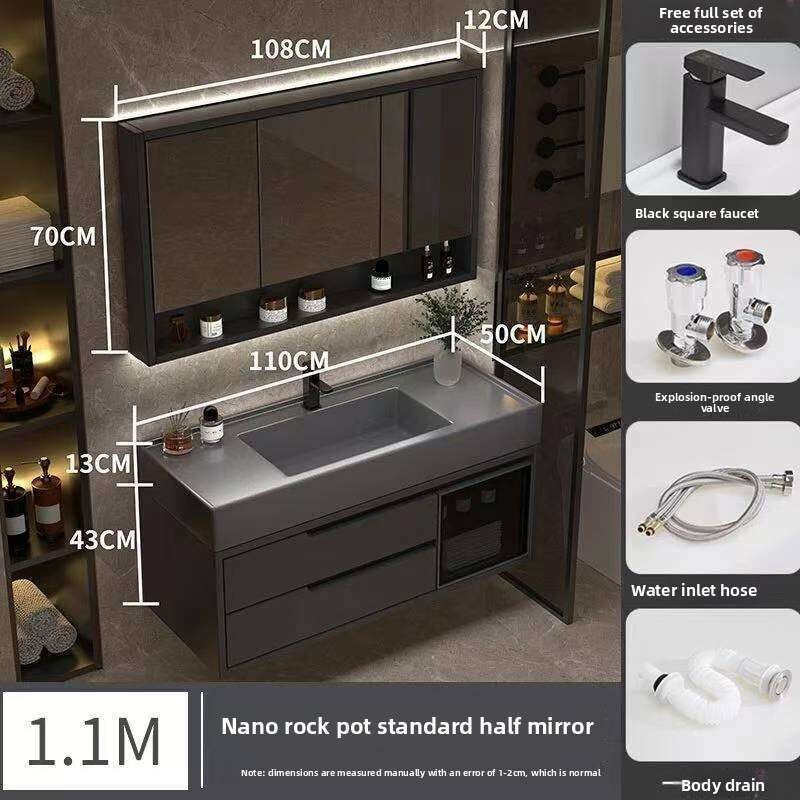 Set Kabinet Penyimpanan Kayu Asli QW- Cermin Pintar di Sinki Bilik Mandi 