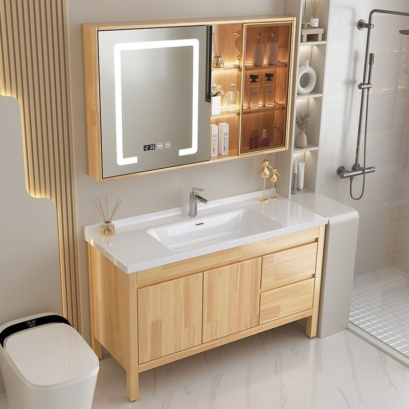 Set Singki Cermin Pintar Kabinet Penyimpanan Kayu Oak QW- di Bilik Mandi 