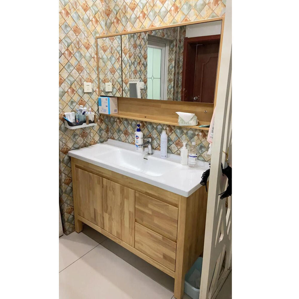 Set Singki Cermin Pintar Kabinet Penyimpanan Kayu Oak QW- di Bilik Mandi 
