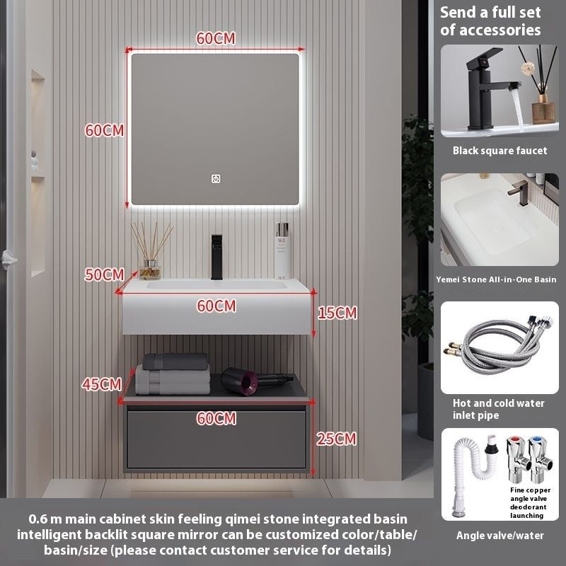 QW- Solid Wood Storage Smart Mirror Cabinet Bathroom Hand Washing Stone
