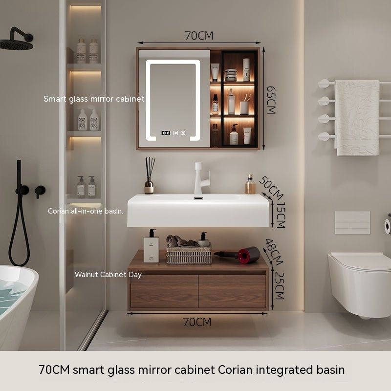 QW- Smart Mirror from Walnut Wood with Integrated Washbasin and Bathroom Storage Cabinet