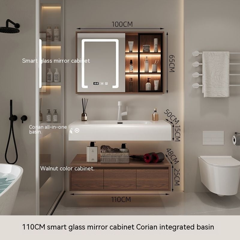 QW- Smart Mirror from Walnut Wood with Integrated Washbasin and Bathroom Storage Cabinet