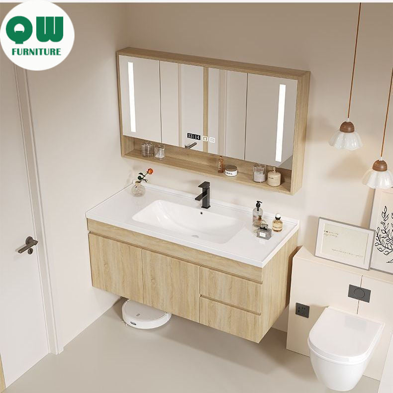 QW- Solid Wood Storage Smart Glass Cabinet, Bathroom Basin, Can Install Water Heater