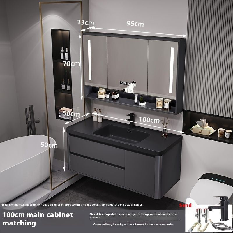 QW- Bathroom storage with smart mirror and black glass cabinet made of real wood.