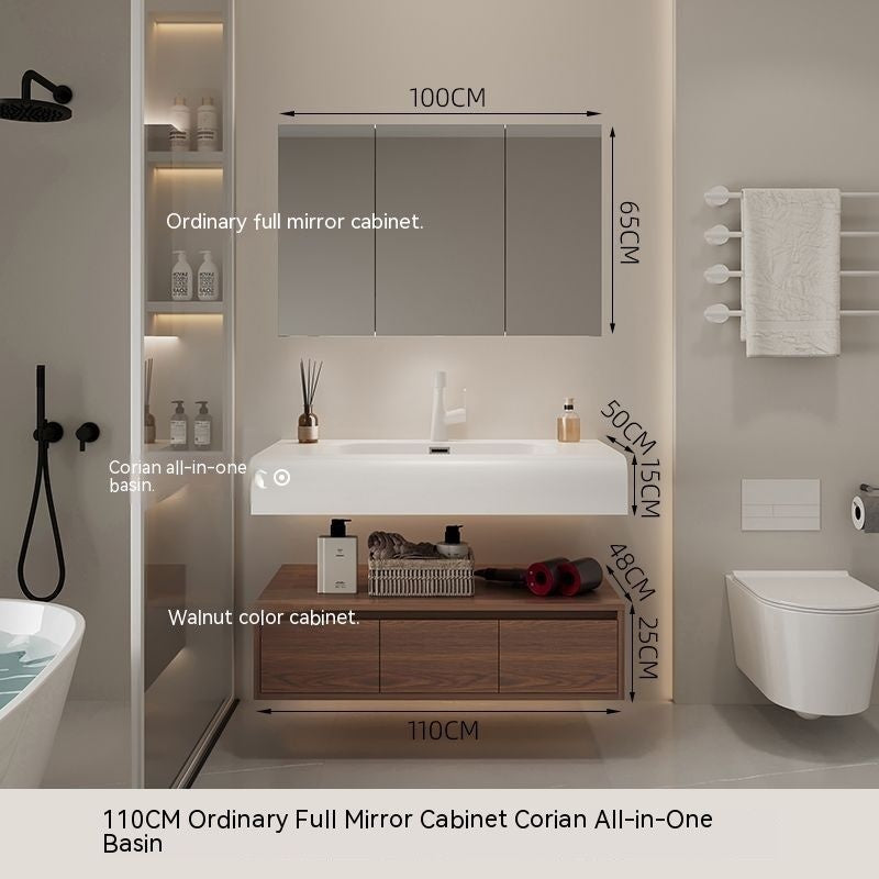 QW- Smart Mirror from Walnut Wood with Integrated Washbasin and Bathroom Storage Cabinet