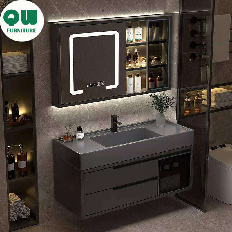 Set Kabinet Penyimpanan Kayu Asli QW- Cermin Pintar di Sinki Bilik Mandi 