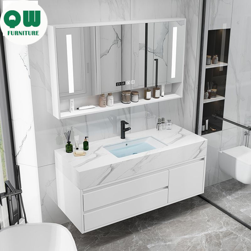 QW- Marble Solid Wood Basin Set Integrated Bathroom Storage Cabinet