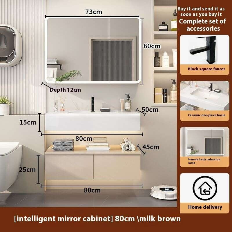 QW- Kabinet simpanan kayu asli cermin pintar di bilik mandi, sinki bilik mandi 