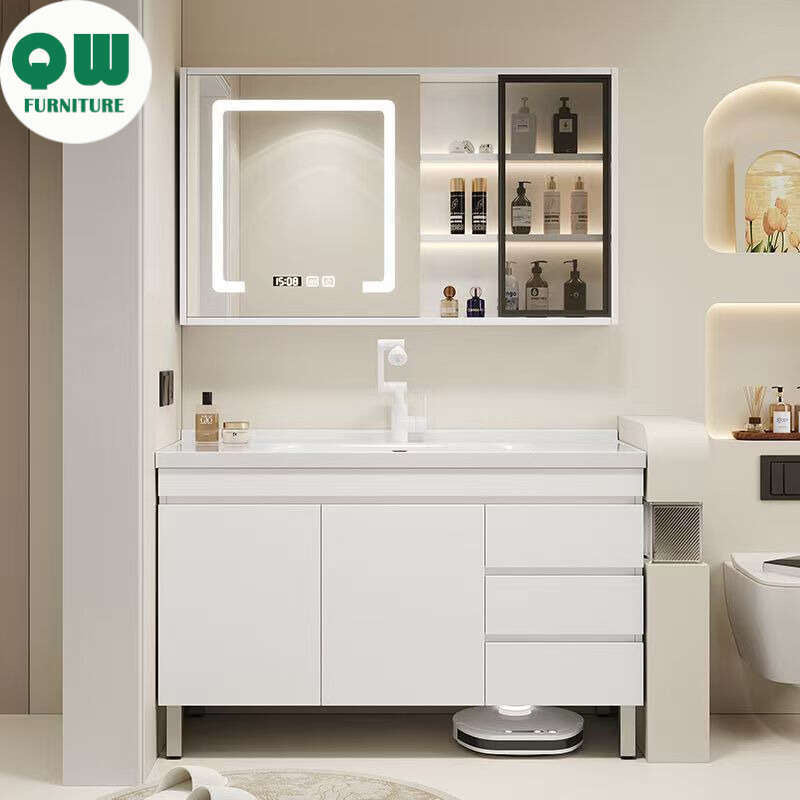 Set Singki Kabinet Cermin Pintar Penyimpanan Kayu Asli QW- di Bilik Mandi 