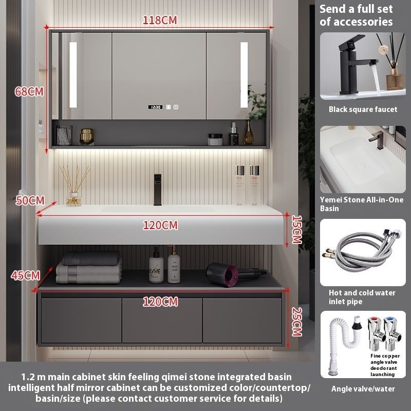 QW- Solid Wood Storage Smart Mirror Cabinet Bathroom Hand Washing Stone