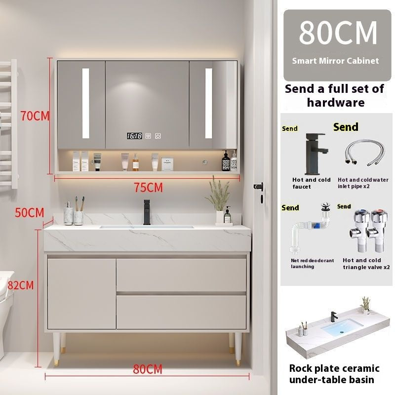 Set Singki Bilik Mandi Kabinet Cermin Pintar Penyimpanan Kayu Padu Tersuai QW 