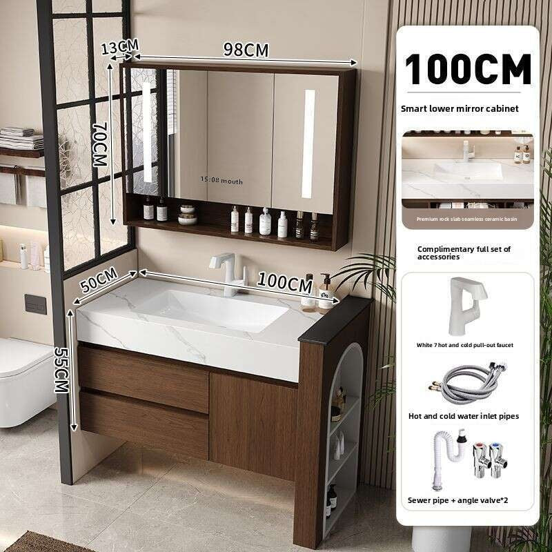 QW- Kabinet Cermin Pintar Penyimpanan Kayu Asli Buatan Sendiri untuk Bilik Mandi, Set Singki Bilik Mandi