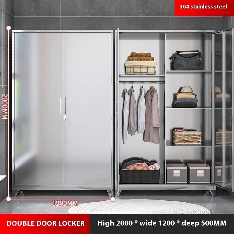 Stainless Steel Wardrobe Home Bedroom Sliding Door Hanging Closet High Capacity Storage Cabinet Balcony All In One Locker