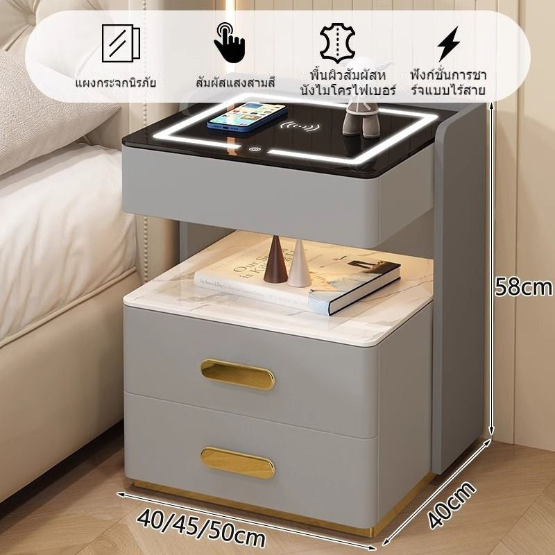 Meja Pelbagai Fungsi Kayu Padu Pintar Lampu Induksi Tanpa Wayar Kabinet Pengecas Bilik Tidur Moden yang Elegan Meja Sisi