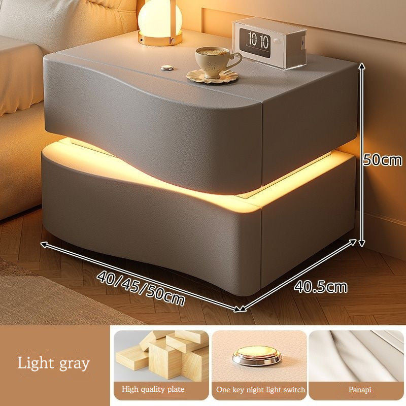 Cream Style Table, Home Bedside Storage Cabinet, Modern Solid Wood Bedroom, Smart Belt Light