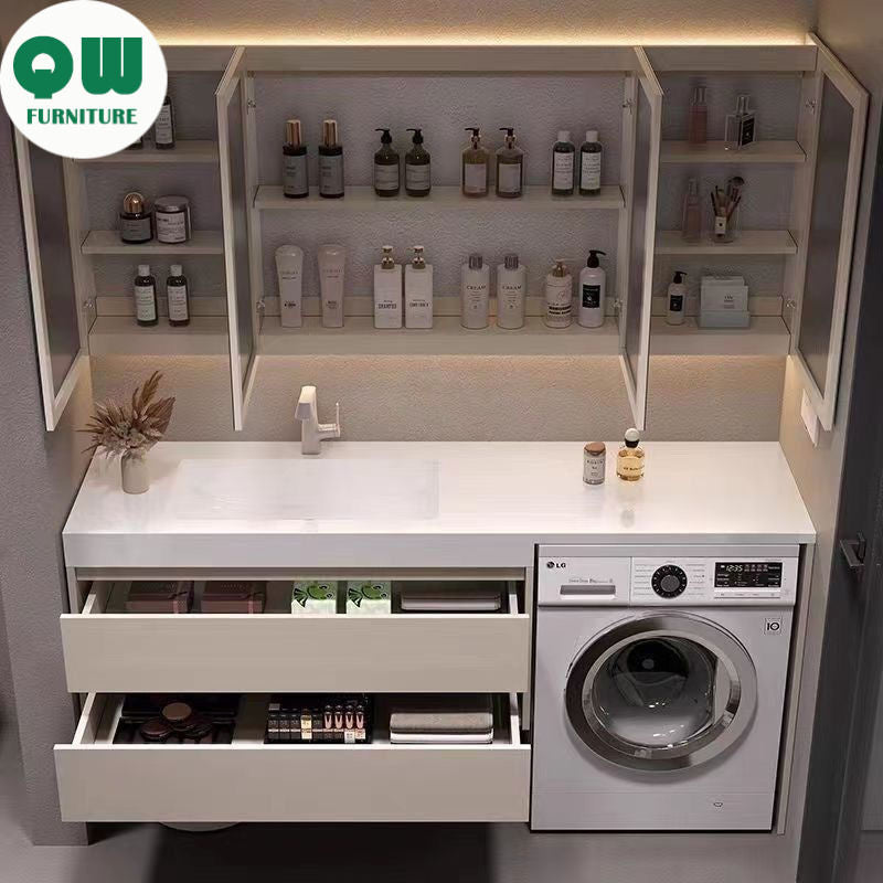 QW- Set Sinki Bilik Mandi Mesin Basuh Kabinet Penyimpanan daripada Kayu Tulen