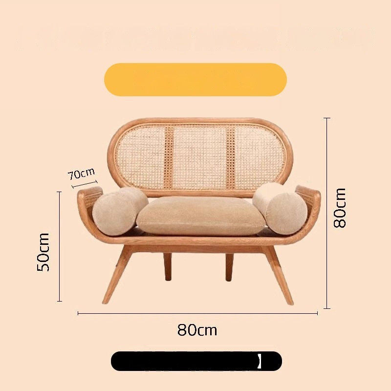 Solid Wood Rattan Woven French Lazy Sofa Living Room Bedroom Balcony Lounge Three-Person Chair