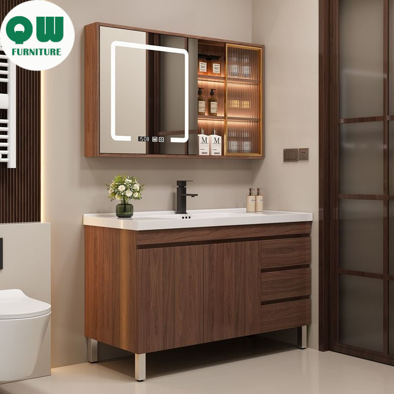 QW- Brown Real Wood Storage Cabinet Smart Materials for the Bathroom Sink Set