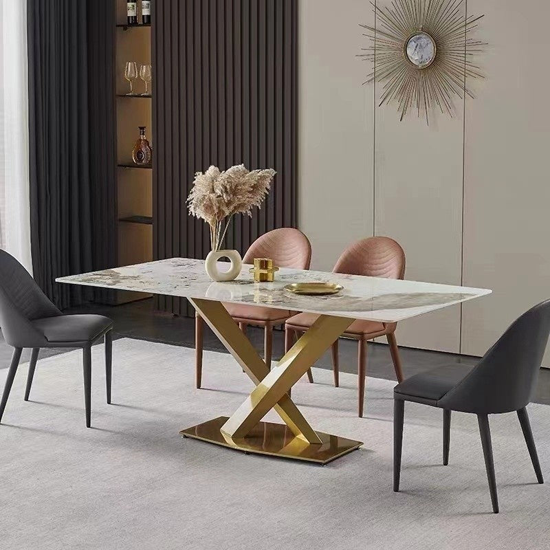 Italian dining table, luxurious, smooth surface, small artificial stone slab. Suitable for condos, stainless steel base, durable, modern.