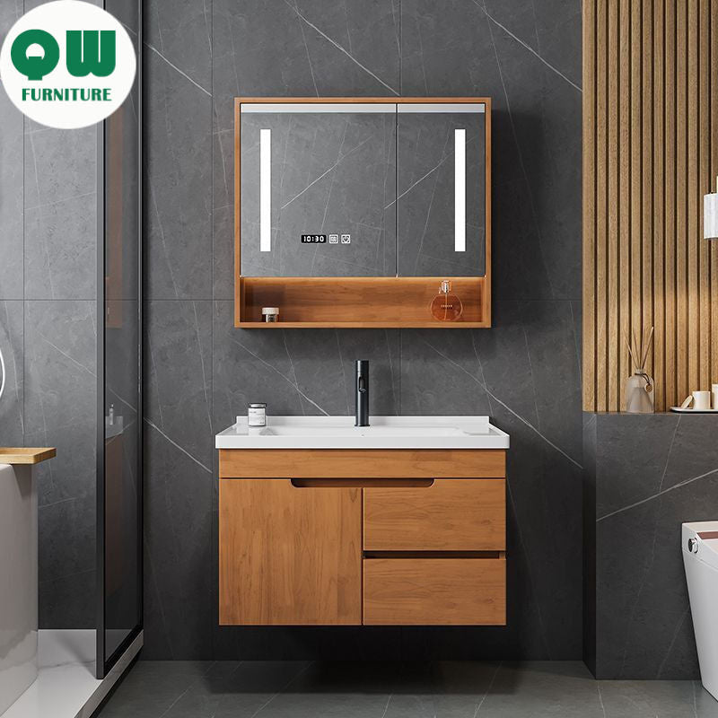 QW- Solid Wood Storage Smart Glass Cabinet Bathroom Sink