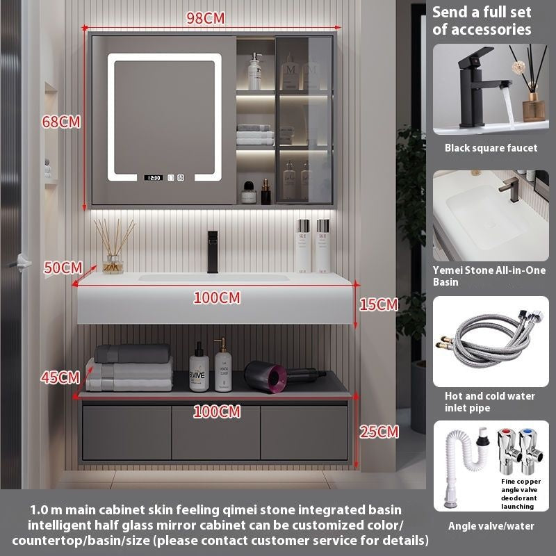 QW- Solid Wood Storage Smart Mirror Cabinet Bathroom Hand Washing Stone