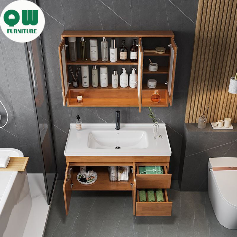 QW- Solid Wood Storage Smart Glass Cabinet Bathroom Sink