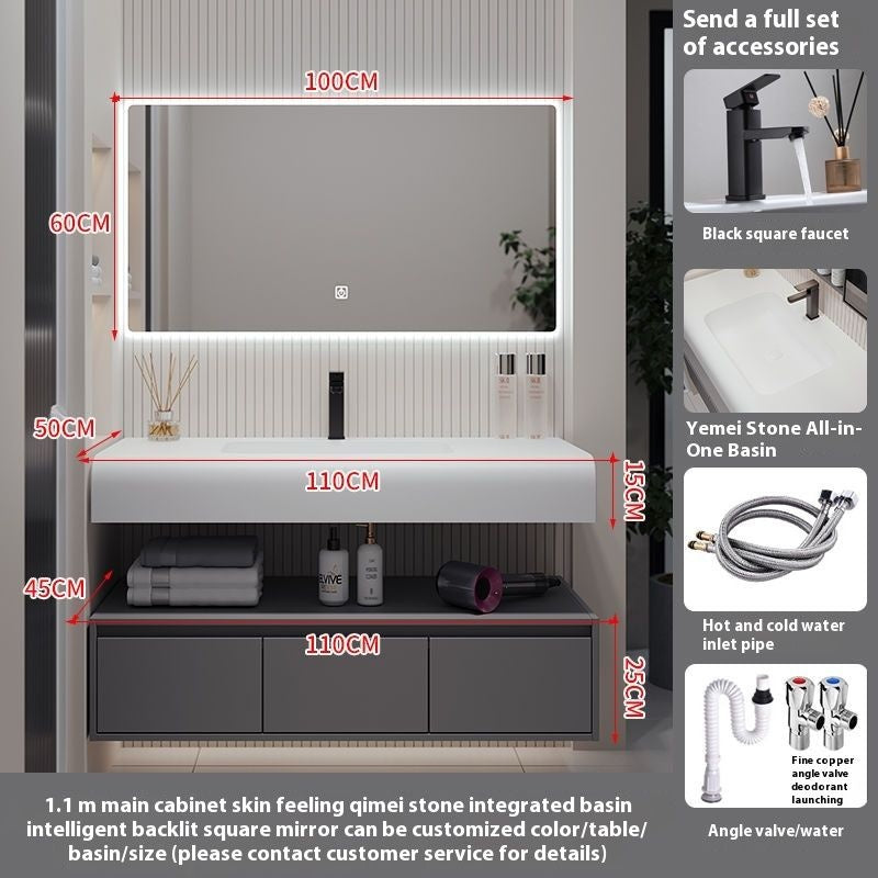 QW- Solid Wood Storage Smart Mirror Cabinet Bathroom Hand Washing Stone