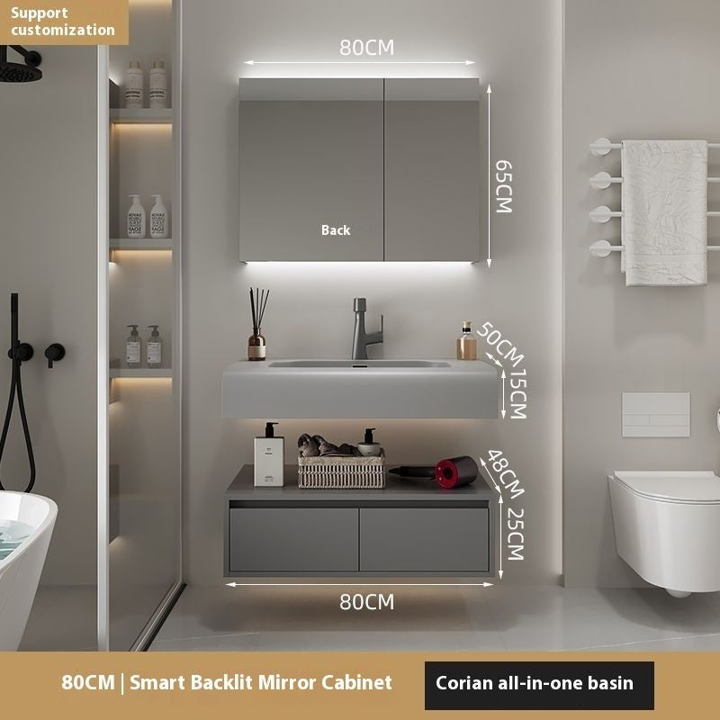 Set Singki Penyimpanan Kayu Asli QW- Kabinet Cermin Pintar di Bilik Mandi 