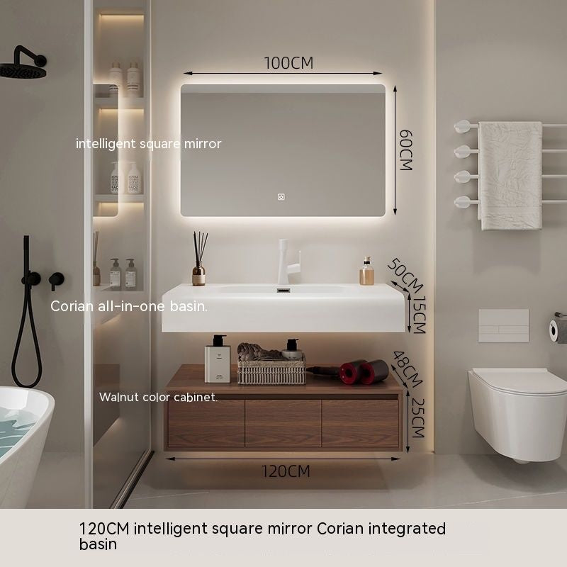 QW- Smart Mirror from Walnut Wood with Integrated Washbasin and Bathroom Storage Cabinet