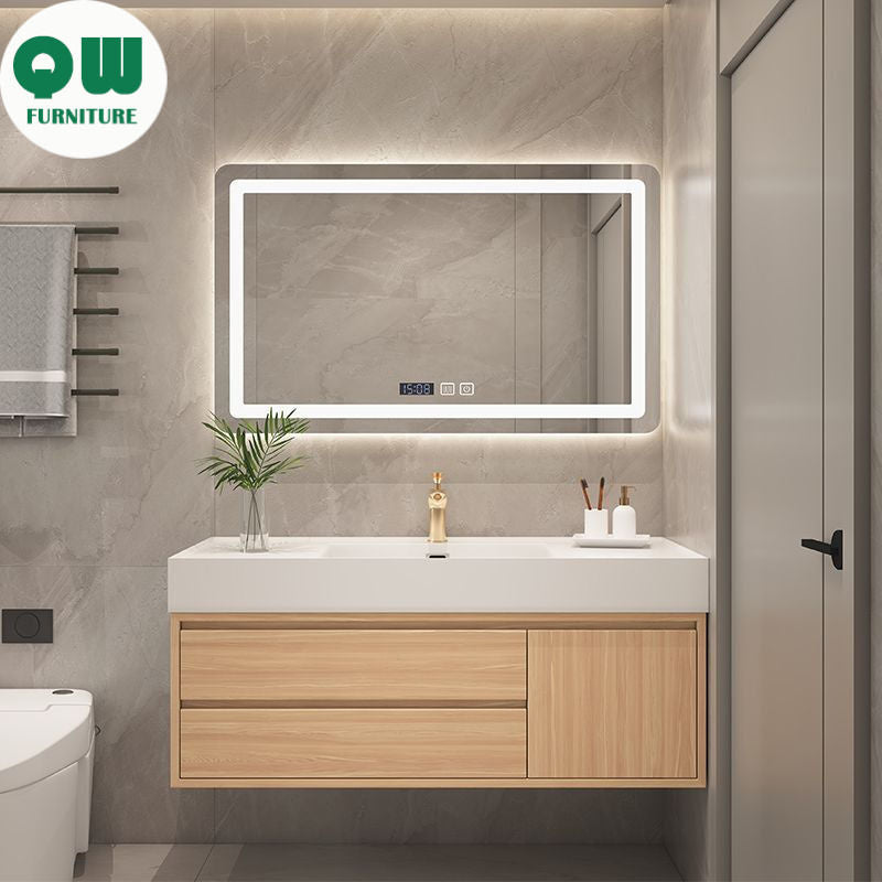Set Singki Kabinet Penyimpanan Bilik Mandi Cermin Kayu Padu Pintar QW- 