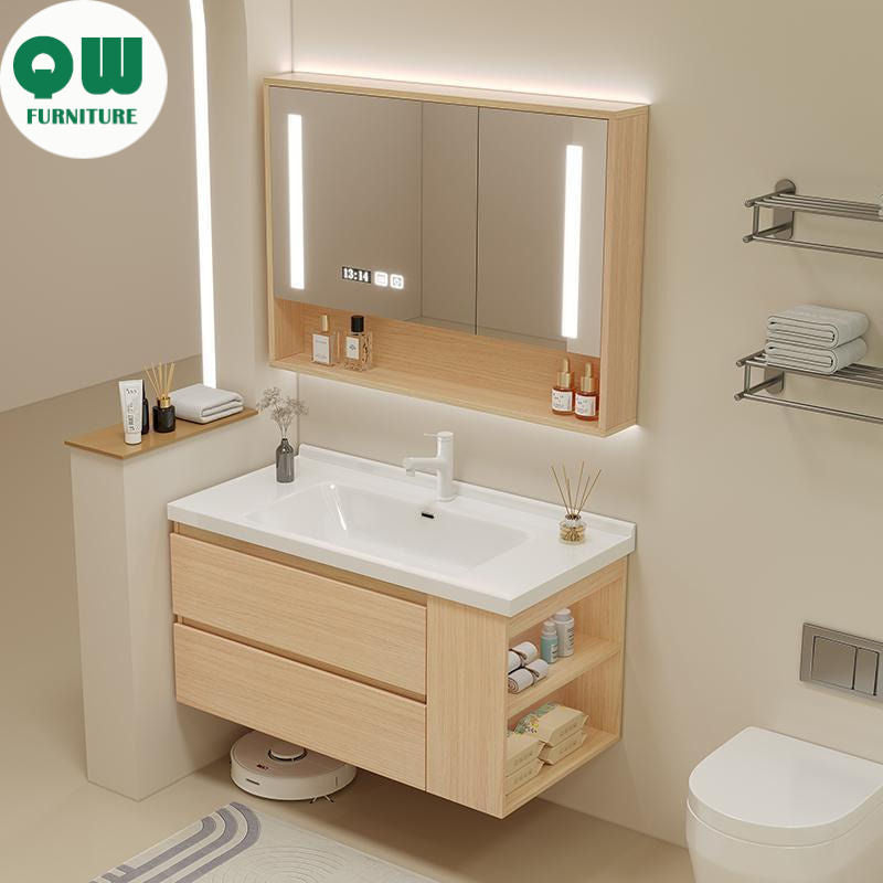 Set Singki Bilik Mandi Kabinet Cermin Pintar Penyimpanan Kayu Padu QW- 