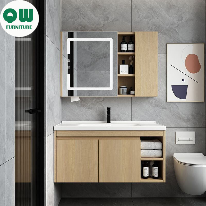 QW- Set kabinet kayu asli dengan sinki dan cermin pintar bilik mandi. 