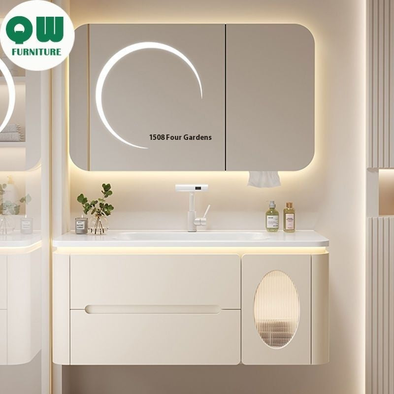 QW- Oak Wood Storage Smart Mirror Bathroom Cabinet Basin Set
