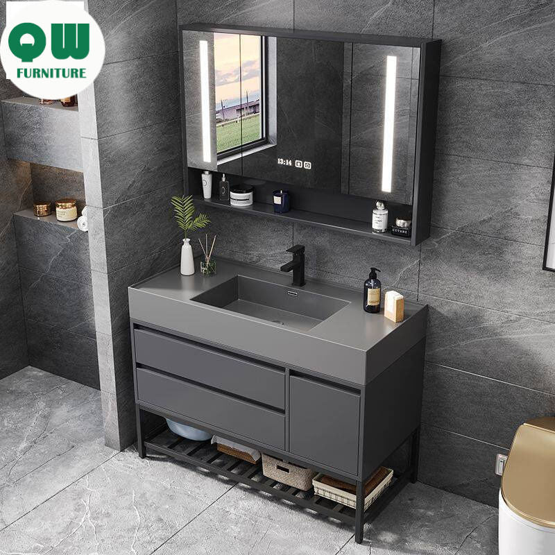 QW- Floor-mounted Basin Smart Mirror Real Wood Storage Cabinet in Bathroom