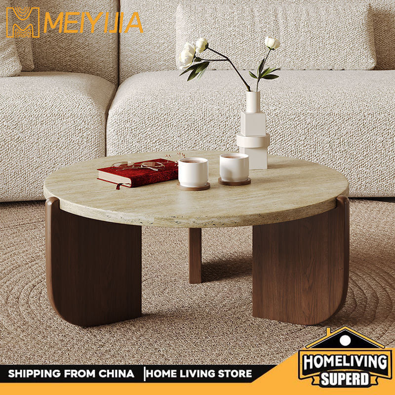 Meja Sofa Marmar Kreatif Bulat Kopi Kayu Padu Ruang Tamu Ringkas Rumah