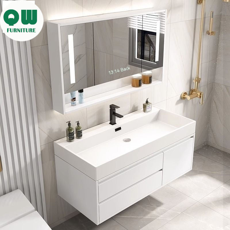Kabinet Kaca Pintar Singki Putih QW-, Kabinet Penyimpanan Bilik Mandi Kayu Asli 