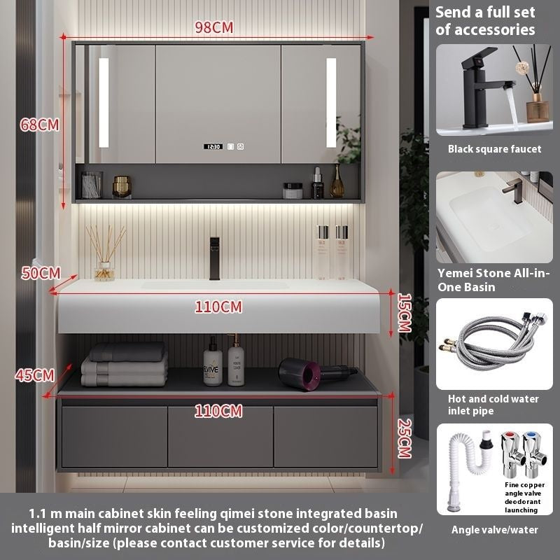 QW- Solid Wood Storage Smart Mirror Cabinet Bathroom Hand Washing Stone