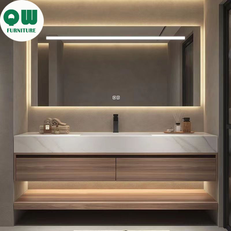 QW- storan diperbuat daripada sinki kayu asli, Kabinet cermin pintar bilik mandi 