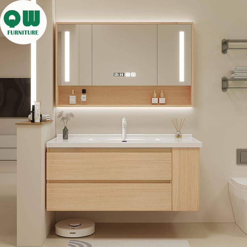 Set Singki Bilik Mandi Kabinet Cermin Pintar Penyimpanan Kayu Padu QW- 