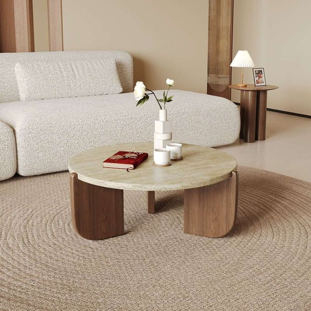 Meja Sofa Marmar Kreatif Bulat Kopi Kayu Padu Ruang Tamu Ringkas Rumah