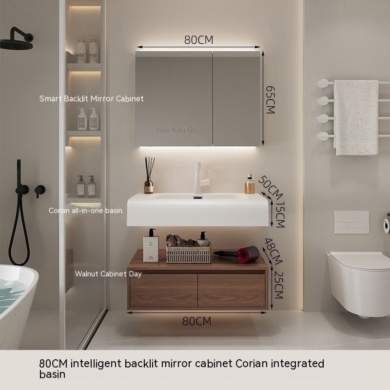 QW- Smart Mirror from Walnut Wood with Integrated Washbasin and Bathroom Storage Cabinet