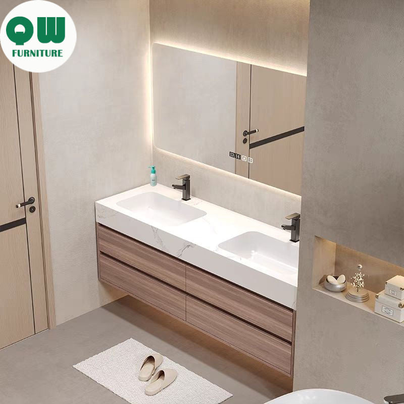 QW- Storan berkualiti tinggi diperbuat daripada kayu asli untuk kabinet cermin pintar di bilik mandi, sinki bilik mandi. 