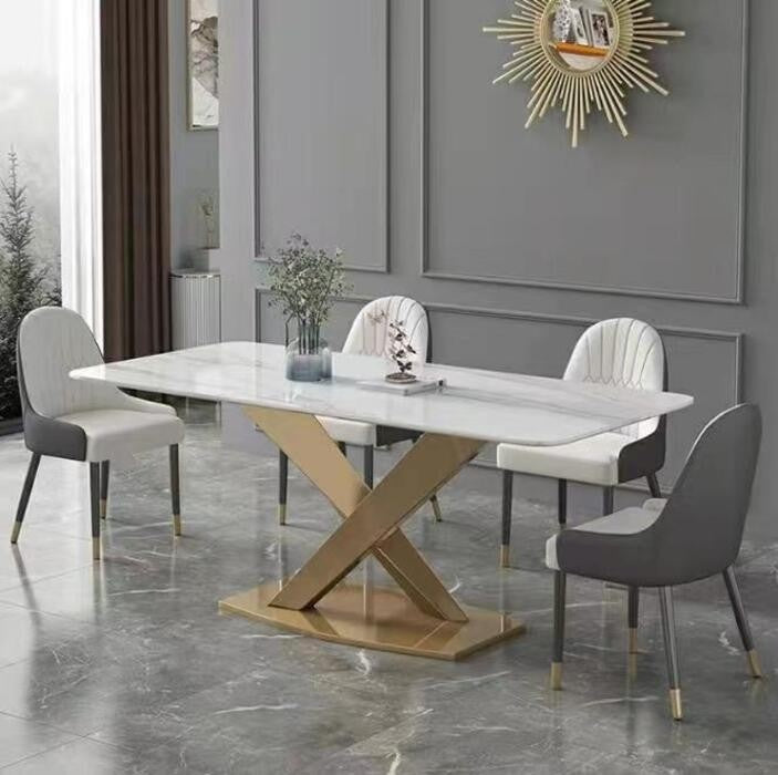 Italian dining table, luxurious, smooth surface, small artificial stone slab. Suitable for condos, stainless steel base, durable, modern.