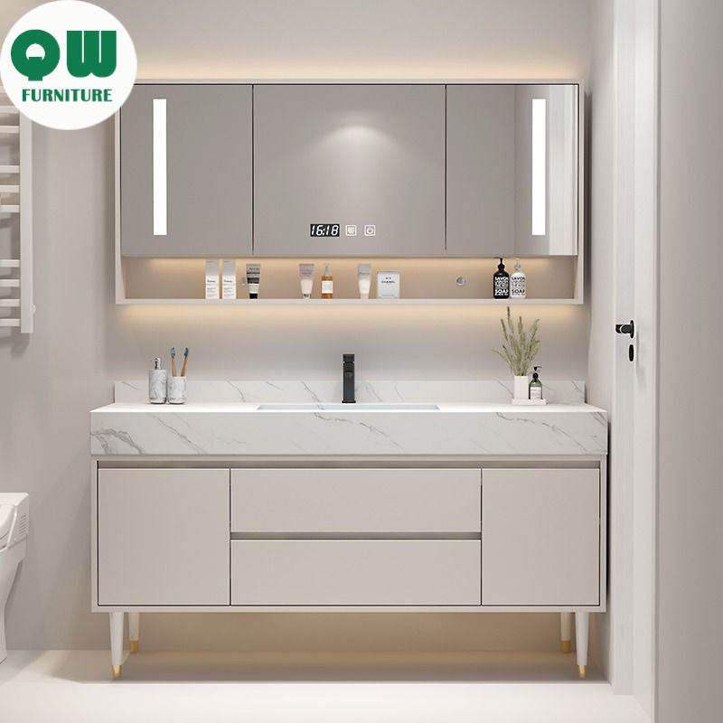 Set Singki Bilik Mandi Kabinet Cermin Pintar Penyimpanan Kayu Padu Tersuai QW 