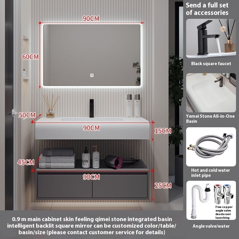 QW- Solid Wood Storage Smart Mirror Cabinet Bathroom Hand Washing Stone