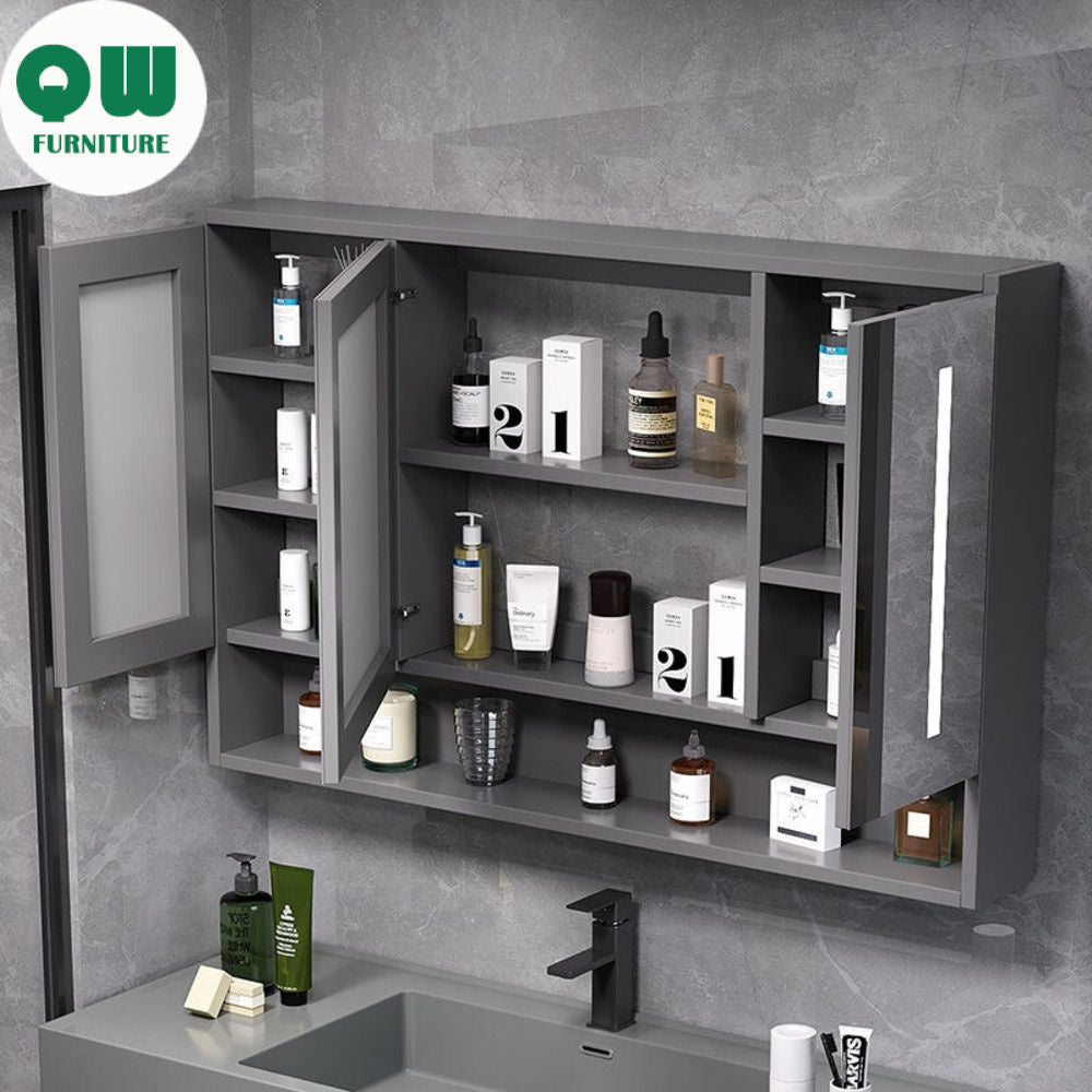 QW- Cermin Bilik Mandi, kabinet cermin pintar yang diperbuat daripada kayu asli, cermin, kabinet simpanan bilik mandi. 