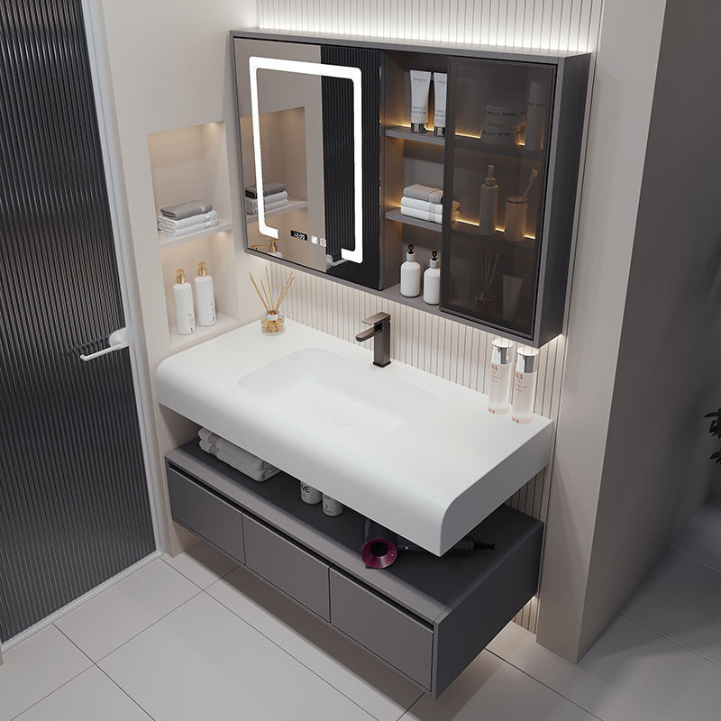 QW- Solid Wood Storage Smart Mirror Cabinet Bathroom Hand Washing Stone