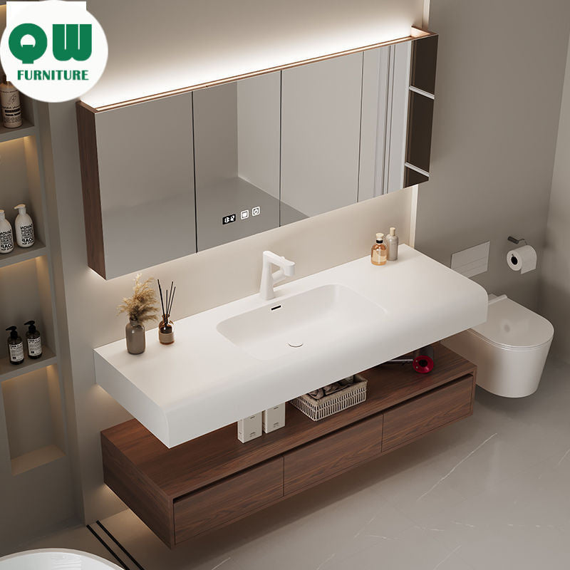 QW- Cermin Pintar daripada Kayu Walnut dengan Singki Bersepadu dan Kabinet Penyimpanan Bilik Mandi 