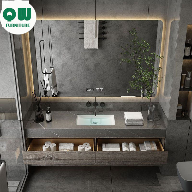 QW- Custom-made Bathroom storage made from real wood, bathroom sink set, and smart mirror cabinet in the bathroom.