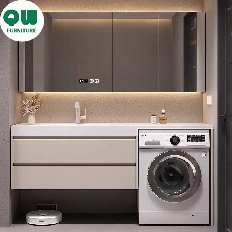 QW- Set Sinki Bilik Mandi Mesin Basuh Kabinet Penyimpanan daripada Kayu Tulen